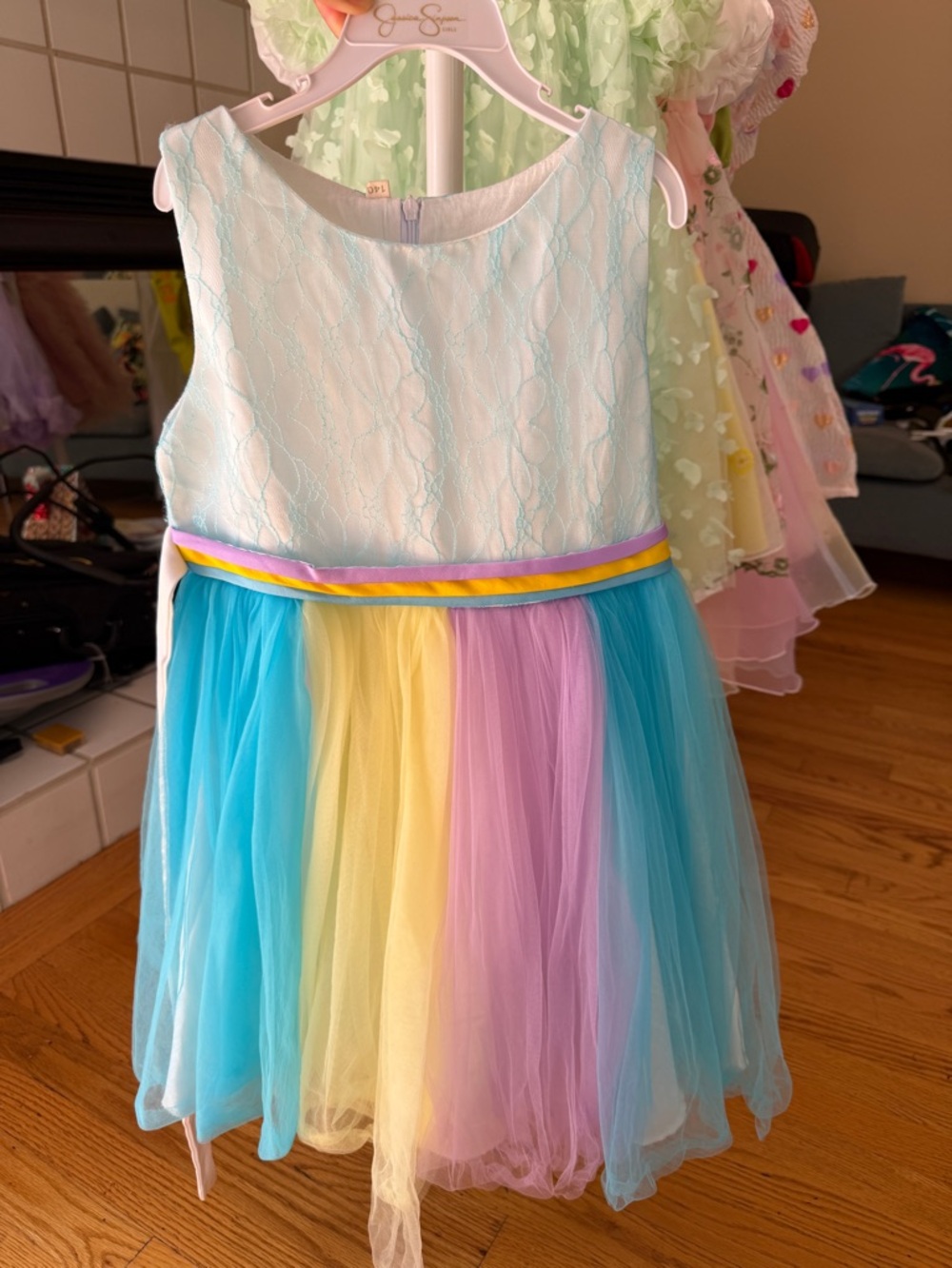 Pastel Rainbow Tulle Dress - White Lace Bodice 6-8T